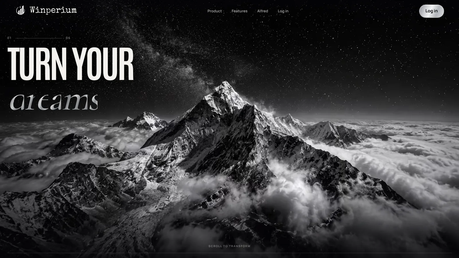 Winperium's public landing page: the headline “Turn your dreams” over a black-and-white mountain range.